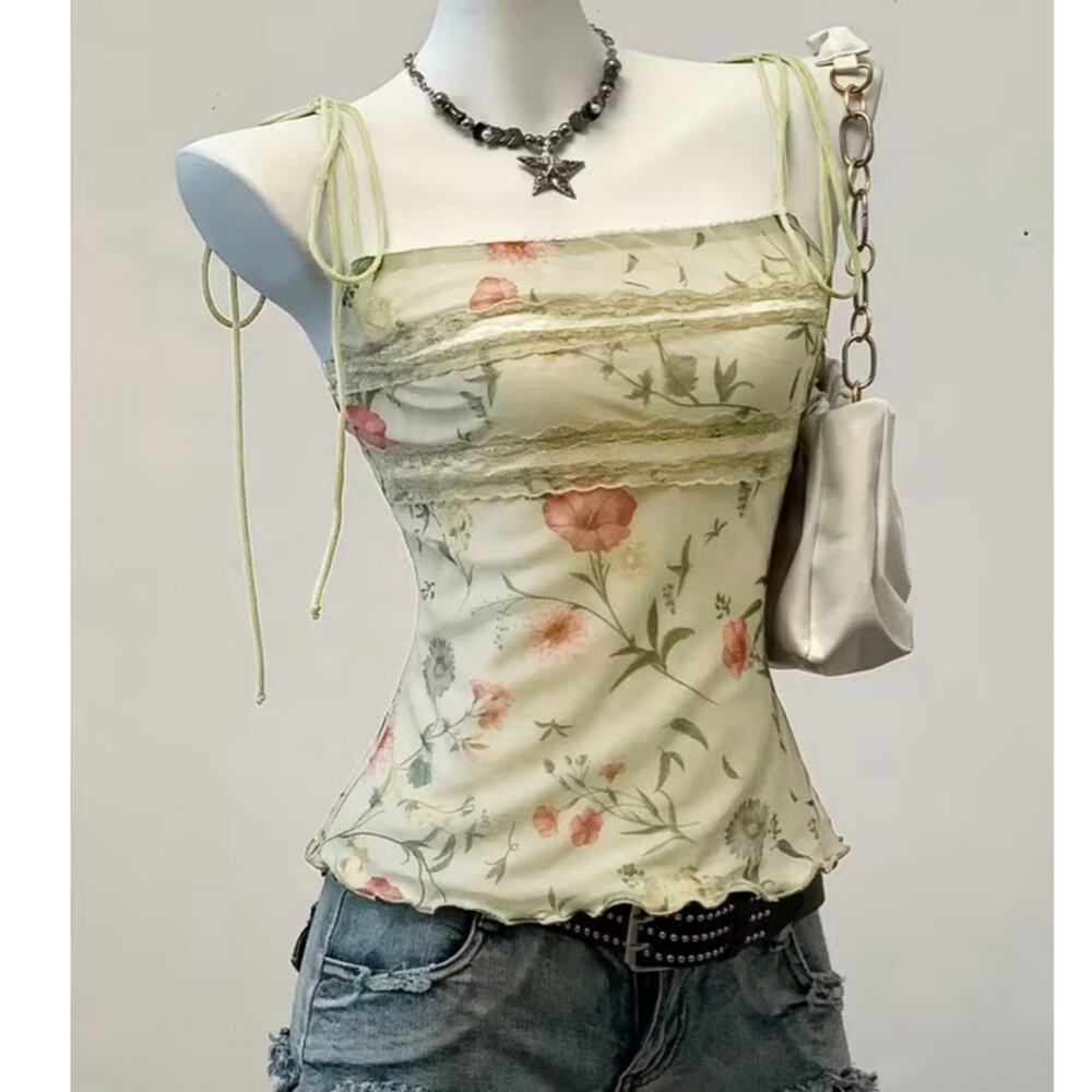 Y2K Fairycore Floral Lace Cami Top Light Green Size Small Tie Strap